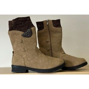 Woolen Yarn Zipper Winter Boots Women Beige Faux Suede Sequin Knit Zipper Size 8
